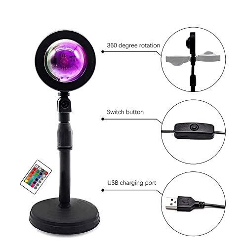 Image of One94Store Sunset Lamp Projector, 16 Colors Laser with Led Lights /Desk Lamp, Rainbow Night Light 360 Degree Rotation Romantic Sunlight with Remote for Photography /Vlog /Selfie (Plastic, Pack of 1)