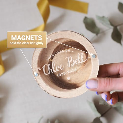 Image of Personalized Keepsake for Bereavement Gift, Lock of Hair Memorial, Sympathy Gift for Loss of Mother, Grandmother, Dad, Daughter, Son, Mom, Clear Lid (Light Wood Round)