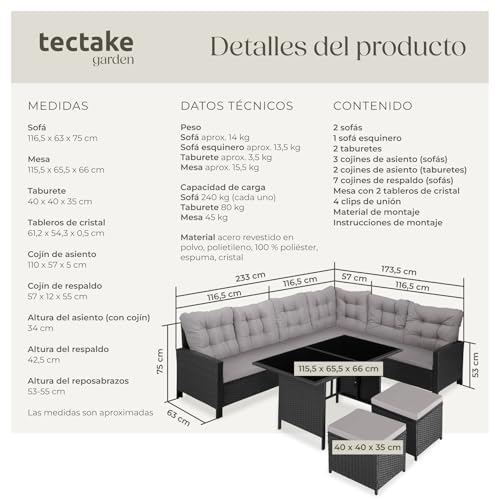 tectake® Conjunto Jardín de Ratán con Mesa y Cojines, Conjunto Terraza Resistente a la Intemperie y Combinable, Muebles Jardín Exterior 5 Piezas, Sofá de Esquina, 2 Taburetes y 1 Mesa, Acero - Negro - imagen 7