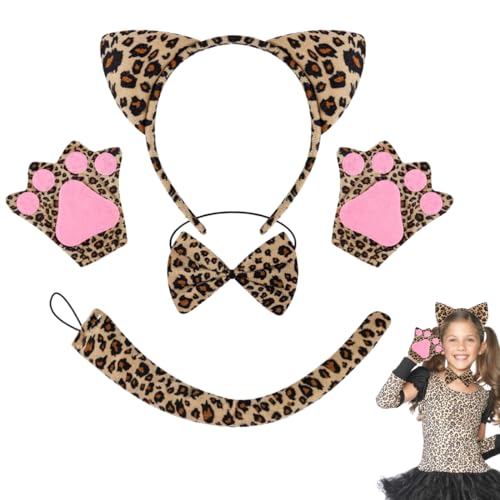 Conjunto de disfraz de leopardo de 5 piezas, disfraz de leopardo, juego de gato, orejas de gatito, cola, pajarita, guantes, disfraz de animal para niños, regalos de fiesta para carnaval y Halloween.