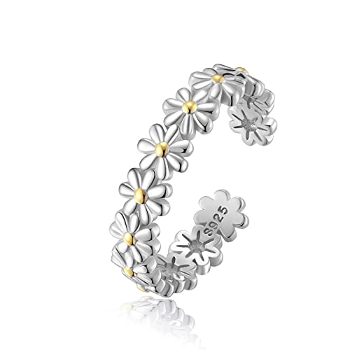 Pupillemon Daisy Flower Ring For Women, 925 Sterling Silver Rings Stacking Rings For Women, Adjustable Open Womens Rings Jewelry #TOP4