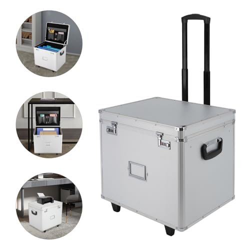BOPRCSH Locking Mobile Business Case, Portable Locking File Storage Box Fireproof Document Box with Handle and Wheels, Lockable Rolling File Cabinet File Organizer Box Case for Office Home