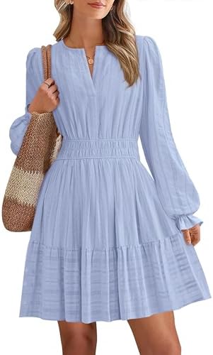 BTFBM Mini Dresses for Women 2025 Casual Lightweight Long Sleeve V Neck A Line Elastic Waist Party Holiday Dress