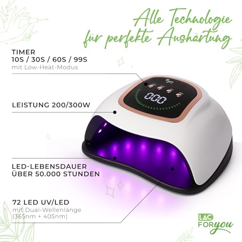 LAC FOR YOU UV-LED-Nagellampe 72 LEDs 365 + 405 nm – Semipermanenter Nageltrockner mit automatischem Sensor, 4 Timer, Low-Heat, abnehmbare Basis, LCD-Display – UV-Lampe, Hände & Füße