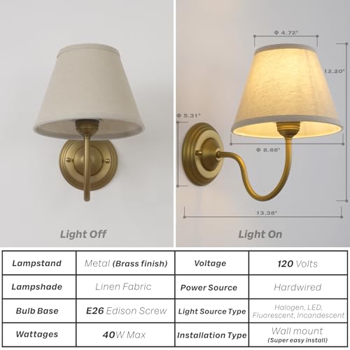 Image of Vintage Curved Arm Fabric Wall Sconce with Linen Cloth Shade, Hardwired Indoor Single Sconce Light Wall Mounted Lamp for Bedroom Living Room Stairs Hallway