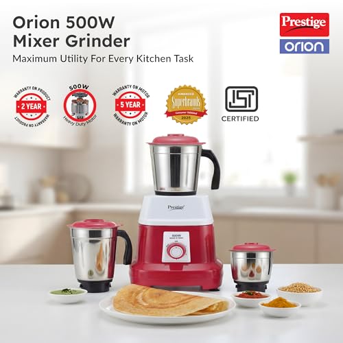 Image of Prestige Orion 500 Watts Mixer Grinder with 3 Stainless Steel Jars |3 Super Efficient Stainless Blades |Sturdy Handles|Red & White