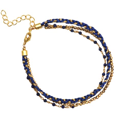 Gempires Lapis Lazuli 3 Strand Bracelets, Braided Beaded Bracelets for women, September Birthstone, Gem stone Jewelry, 8.5 inches 14k Gold Plated