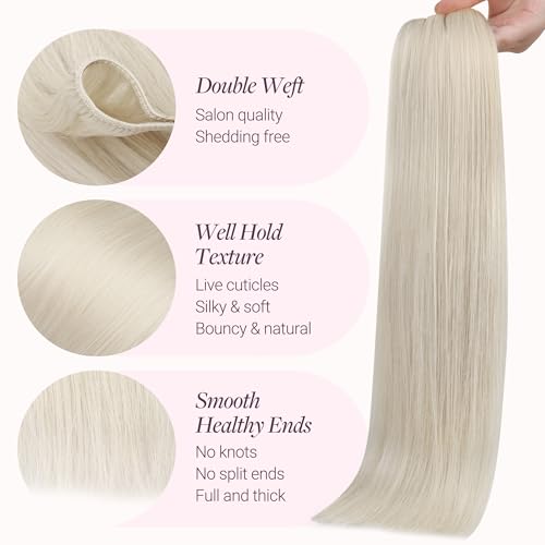 Image of GOO GOO Sew in Hair Extensions Real Human Hair, Weft Hair Extensions Human Hair, 60A Platinum Blonde 20inch 100g, Weft Bundles Straight Silky Remy Hair