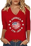 American 250th Anniversary V Neck Shirt for Women 1776-2026 American Flag Graphic 3/4 Sleeve Tee 4th of July T-Shirt Summer Patriotic Tops(L,Red-04)
