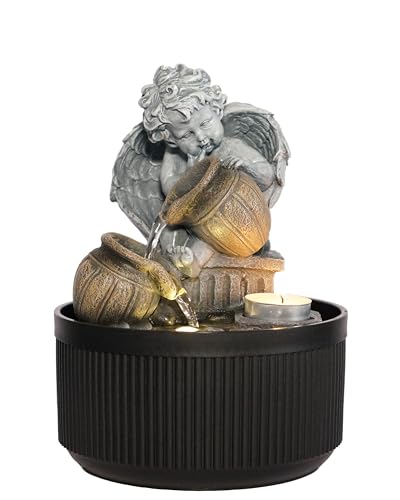 LEOM Indoor Tabletop Fountain With LED Light, Cupid Angel Statue With Waterfall Feature, Zen Fountain Indoor for Meditation Relaxation, Water Fountain for Home & Office Decoration, 9.5 Tall
