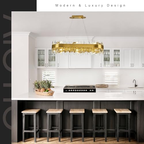 Image of AioTio Modern Crystal Chandelier, L35.4'' Rectangle Brass Gold Kitchen Chandeliers Over Table, Crystal Raindrop Industrial Farmhouse Chandelier for Dining Room, Living Room, Kitchen Island,Bathroom