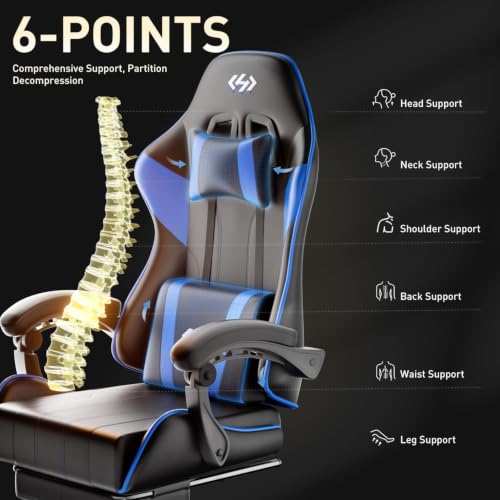 Image of HLDIRECT Gaming Chair with Footrest, Lumbar Support & Headrest, Black&Blue | Ergonomic, 90-135 recline, adjustable height & 360 swivel, PU leather and 45D foam, for adult gaming, work & relaxing