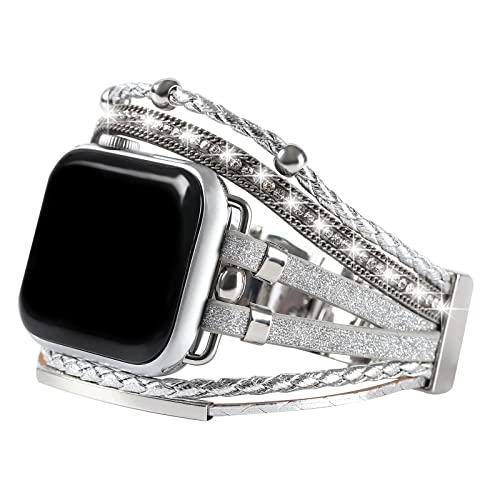 Wonmille Posh Leather Bands Compatible With Apple Watch 41Mm 40Mm 38Mm Women, Boho Bracelets Jewelry Multilayer Wrap Strap For Iwatch Series Se 8 7 6 5 4 3 2 1 (Glitter Silver, 38Mm/40Mm/41Mm) #TOP1