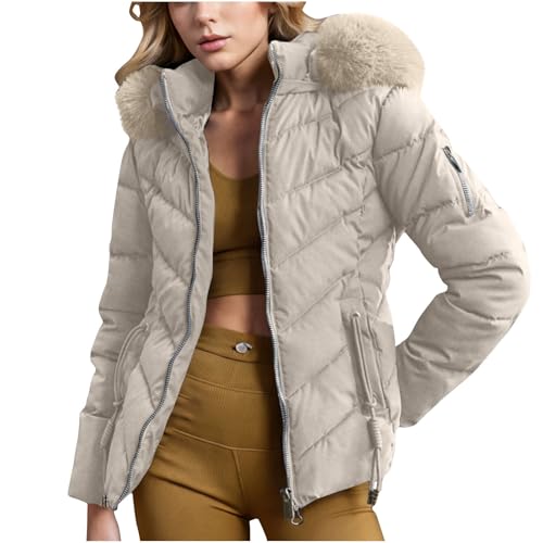 Womens Winter Puffer down Coats Zipper Long Sleeve Faux Fur Hood Short Padded Jackets Casual Warm Cozy Ladies Outwear