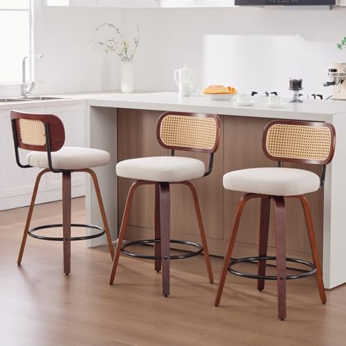 Image of Swivel Counter Height Bar Stools Set of 3, 26 inch Bar Chairs with Curved Rattan Back, Linen Upholstered Seat, Walnut Craftsmanship, Mid Century Modern Counter Stools for Kitchen Counter, Beige