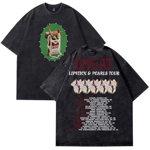 Photo de Luvcat Rouge à lèvres et perles Tour Merch T-shirt en coton délavé T-shirt unisexe à manches courtes et col rond décontracté, Noir , L