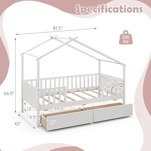 Giantex twin house bed with drawers wooden twin bed frame with cube storage fence rails montessori bed for boys girls kids house bed for bedroom living room no box spring needed white  urban country home decor