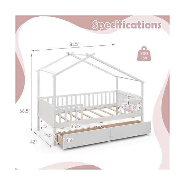Giantex twin house bed with drawers wooden twin bed frame with cube storage fence rails montessori bed for boys girls kids house bed for bedroom living room no box spring needed white  urban country home decor