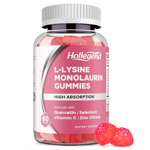 L-Lysine Monolaurin Gummies, Monolaurin and Lysine 1000mg Supplement for Adults & Kids, with Vitamin C, Zinc, Selenium & Quercetin, Immune & Overall support, Oral & Lip Health, Peach Flavor, 60 Ct