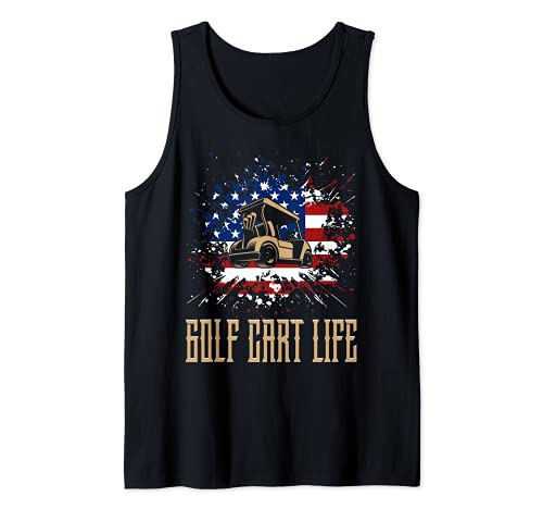 Golf Cart Life American Flag Ball Swing Golfing Course Golf Tank Top, Black