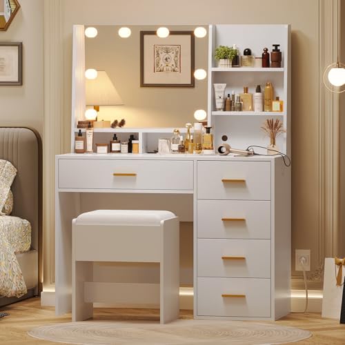 VIAGDO Makeup Vanity Set with Mirror and Lights, Vanity Desk with Charging Station & Cushioned Stool, White Bedroom Vanity Table with Drawers, Jewelry Box, Open Storage Shelves