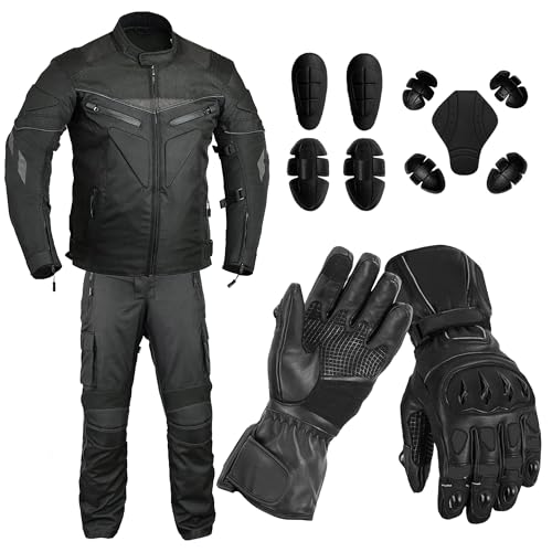 Menâ€™s 2-Piece CE Armoured Waterproof Motorcycle Suit with Touchscreen Leather Gloves | All-Weather Cordura Riding Gear (Black, M (Trouser L30))