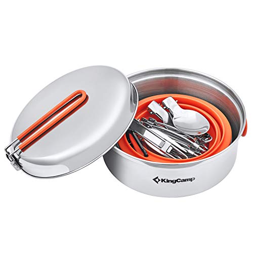 Kingcamp Stainless Steel Camping Cookware Set Open Fire Cookware Backpacking Cooking Mess Kit Lightweight Camping Pots And Pans With Plates And Bowls Kit Hiking Cooking Gear 17 Pcs For 2 Person #TOP2