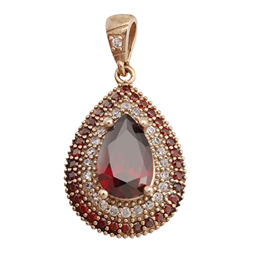 Turkish Handmade Jewelry Small Drop Shape Pear Cut Red Ruby and Round Cut Topaz 925 Sterling Silver Pendant