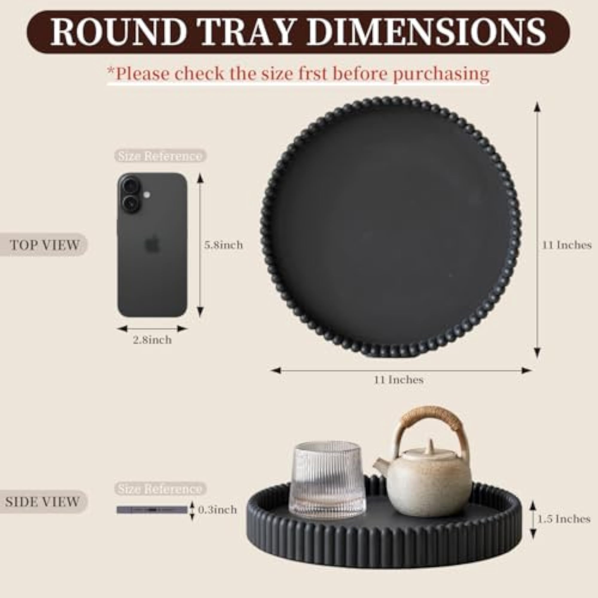 Concrete Black Coffee Table Decorative Tray, Round Serving Tray