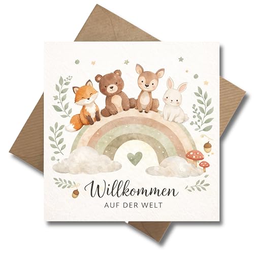WBdesignz Geburtskarte Willkommen auf der Welt mit Umschlag - süße Geburtstagskarte mit Tieren Regenbogen (125 x 125 mm)