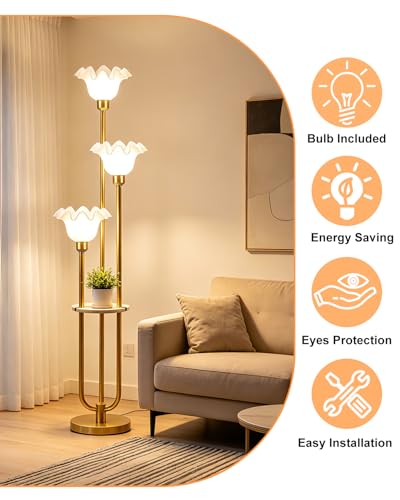 Image of Lightdot Flower Floor Lamp for Living Room Dimmable Vintage Floor Lamp with Shelf& Bulbs Included Mid Century Gold Floral Standing Tall Lamp with 5Lbs Heavy Base for Bedroom /Sofa Beside /Corner Decor