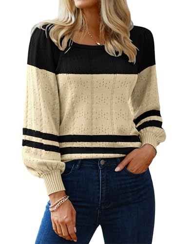 HOTOUCH Sweaters for Women 2025 Fall Trendy Tops Casual Puff Sleeve Square Neck Cute Tunic Pullover Blouses XS-XXL