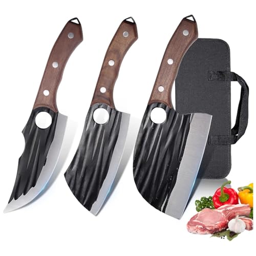 Butcher Knife Set with Bag，Kitchen Meat Cleaver Serbian Chef Knife Full Tang High Carbon Steel for Meat Cutting Processing,Hand Forged Viking Carving Knife，Outdoor BBQ Camping Knife (3)