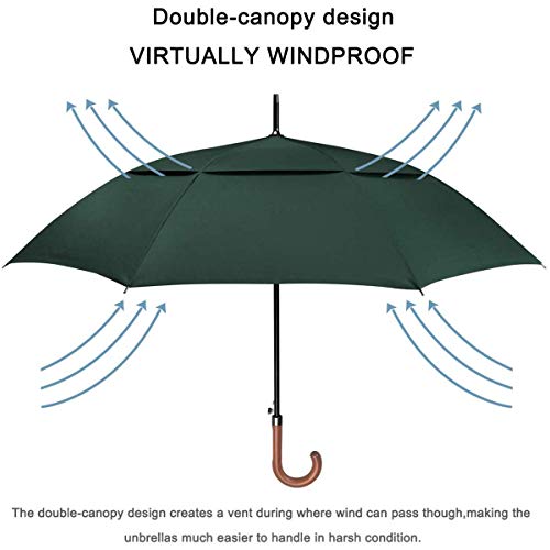 G4Free Wooden J Handle Classic Golf Umbrella Windproof Auto Open 52 Inch Large Oversized Double Canopy Vented Rainproof Cane Stick Umbrellas For Men Women (Dark Green) #TOP6