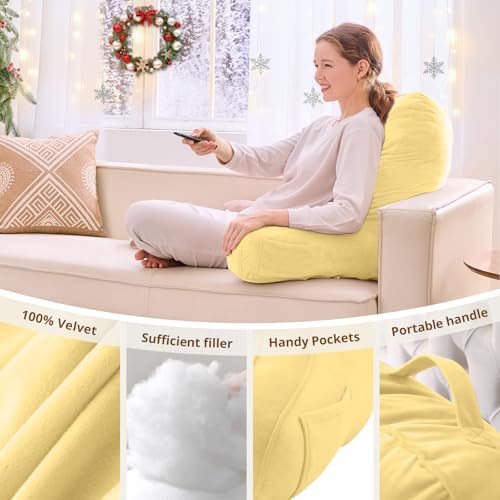 Image of Sasttie Reading Pillow for Bed, Back Pillow for Sitting Up, Light Yellow | 23 inch Backrest Support Cushion for Couch, Sofa, and Floor, Dorm Essentials, OEKO-TEX, Adjustable Down Alternative Fill