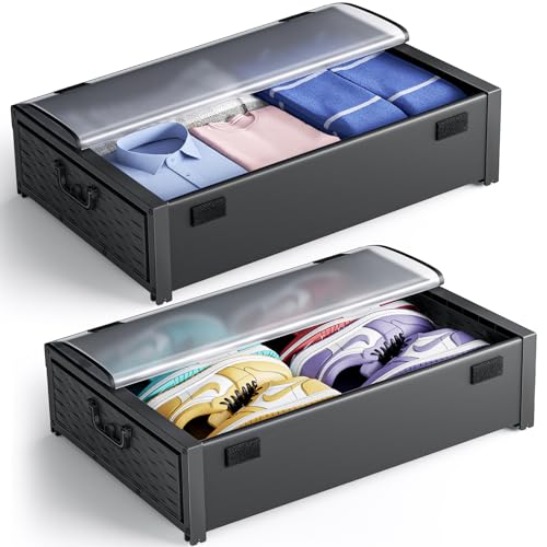 KIEUIENK Under Bed Storage with Wheels, 2 Pack Rolling Under Bed Storage Containers with Clear Lids, 45L Extra Large Under the Bed Shoe Storage Clothes Toy Book Drawers Bins with Handles