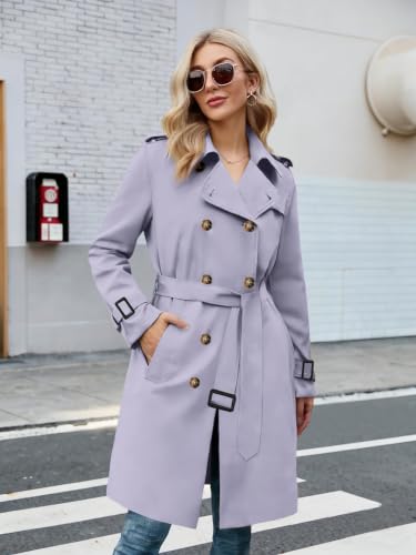 Women's Double Breasted Water-repellent Lapel Belted Trench Coat,Purple,XS — view 2