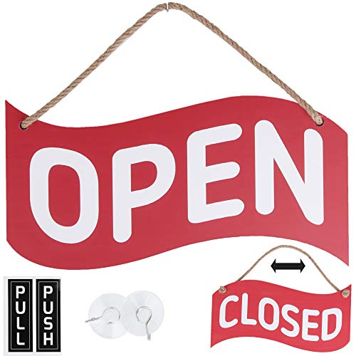 Open Closed Sign for Business â€“ Bundle with 2 Suction Cup, Pull and Push Stickers - Red/Blue Double-Sided Open Signs for Business is The Ideal for Restaurant Stores Bar Windows or Doors (Red)