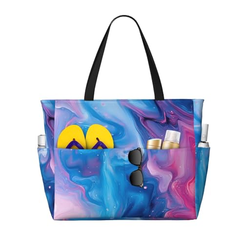 Large Beach Bags for Women Sandproof - Abstract Blue Pink Ocean Print Summer Travel Work Tote Bags with Zipper