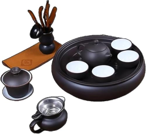 KryZaro和風紫砂・陶磁器茶具セット| 干し茶急須・お皿・湯呑み付き 赤色 8 個小湯呑み 家庭飲茶・和風茶会用