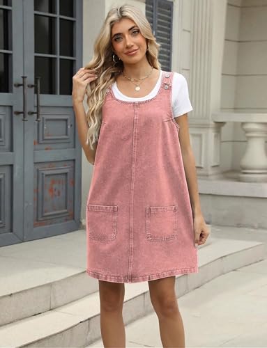Image of Xaspee Denim Overall Dress for Women Casual Mini Sleeveless Jean Vintage Jumper Skirt Dress with Pockets