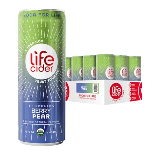 Life Cider Berry Pear Flavored Apple Cider Vinegar Soda, 12 Pack, Organic Sparkling AVC Drink, Natural Flavors, Promotes Gut Health, Vitamins C, B12, Zinc, D3