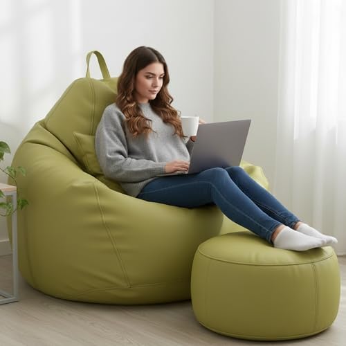 Image of KAM'S LIEU 6XL Luxury Faux Leather Bean Bag with Footrest & Cushion | Pre-Filled High-Density Polystyrene Beans | Premium Leatherette |Teardrop Handle Design | 6 Months Warranty Color- Olive Green