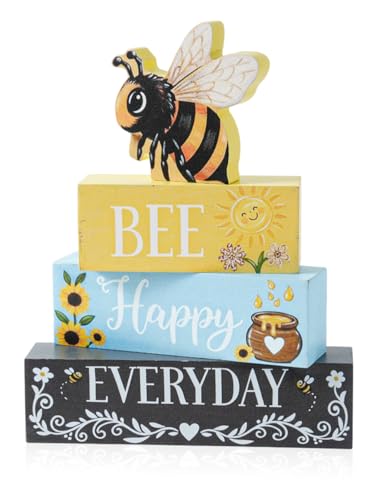 Bee Wooden Tabletop Decor with Bee Happy Everyday Sign, Bumble Bee Wood Table Decor for Indoor Home, Summer Farmhouse Bee Kitchen Decorations-A