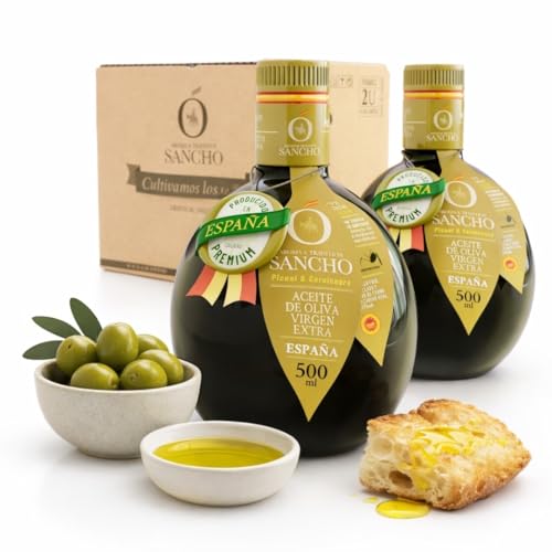 Aceite de oliva virgen extra picual filtrado pack 2 x 500 ml botella de vidrio | aove gourmet aromático extraído en frío | aceite premium español para regalo | sancho la mancha, dop campo de montiel.