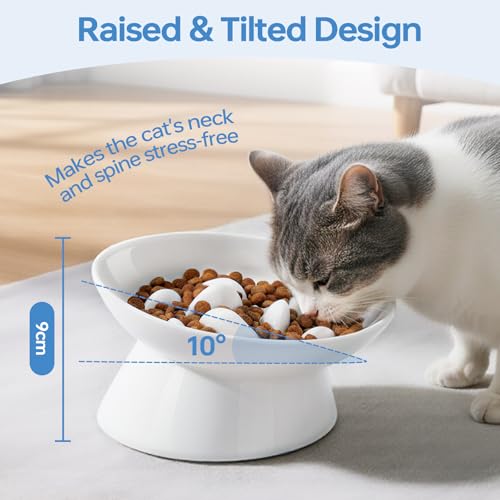 IDOGCHEW Keramik Anti Schling Napf Katze Erhöht, Neigung für gesündere Halswirbel, Slow Feeder für Nassfutter, Antischlingnapf für Katzen und Kleine Hunde, Weiß
