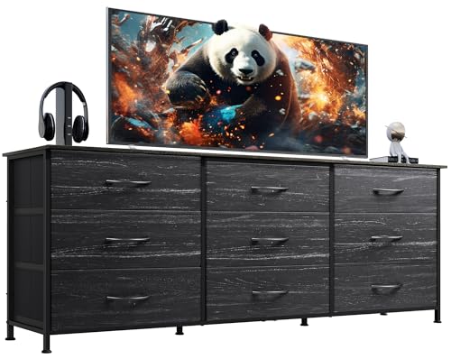 WLIVE Dresser TV Stand for 75 Inches TV, 9 Fabric Drawers, Black Wood Grain
