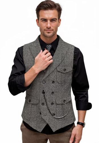 Men's Tweed Retro Vest Business Slim Fit Double Breasted Herringbone Waistcoat Multi-pocket3