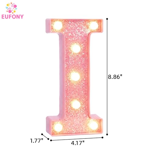 Image of Pink Marquee Light Up Letters, Glitter Alphabet LED Letter Lights for Pink Birthday Party Decorations, Battery Operated Letter Sign for Girls Room Vanity Table Decor, Warm White Lights Letter I
