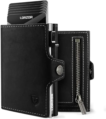 LORZOR® Slim Wallet mit Münzfach, Geldbörse aus Echtem Leder für Herren, RFID Blocker Portemonnaie, Kartenetui, Geldbeutel für 10 Karten, Smart Wallet (Schwarz Silber)